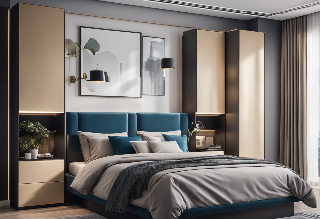A bedroom with modern furniture and sleek sunmica designs on wardrobe and bedside tables