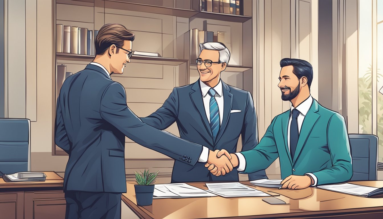 A businessman confidently signs a loan agreement with no personal guarantee, shaking hands with a bank representative