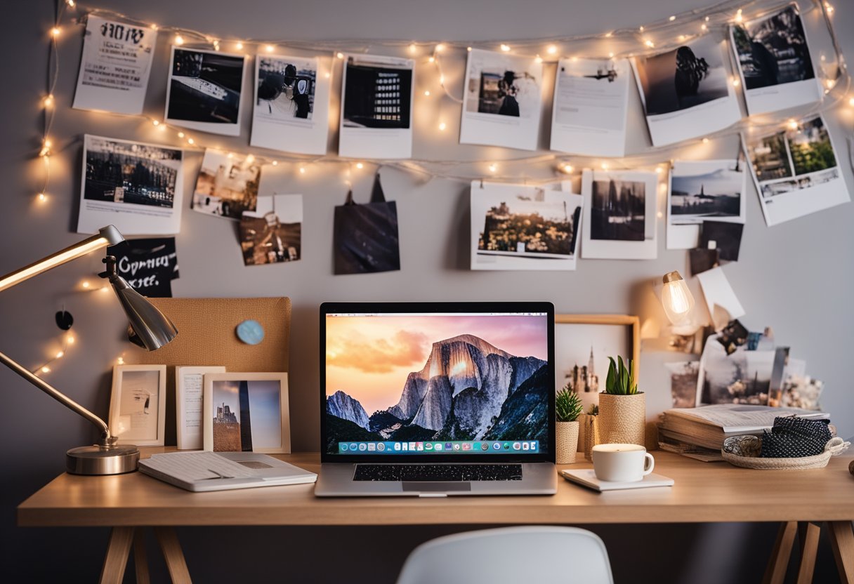 A teenage bedroom with colorful posters, string lights, and a cozy reading nook. A desk with a laptop and a bulletin board filled with photos and mementos