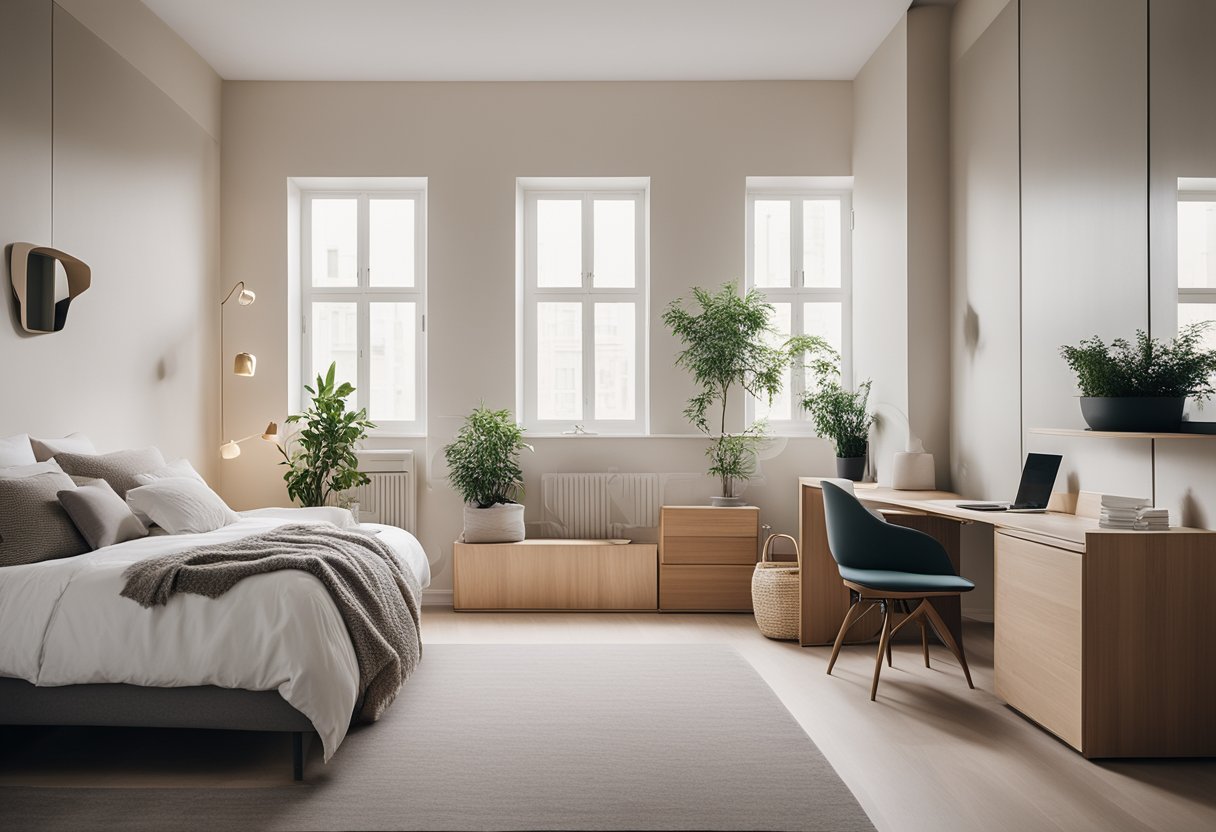 A cozy, minimalist bedroom with space-saving furniture, clever storage solutions, and soft, neutral colors to create a sense of calm and tranquility