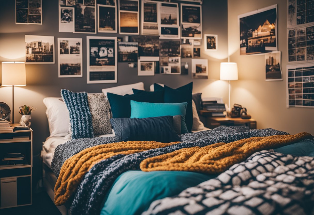 A cozy, cluttered teenage bedroom with posters on the walls, a desk covered in school books, and a bed with colorful throw pillows and a fluffy comforter