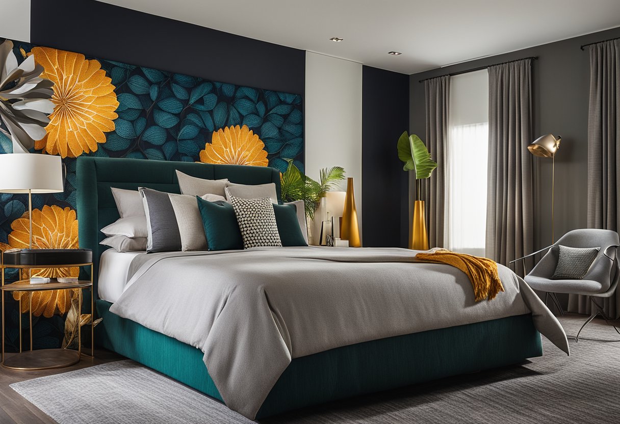 A vibrant, textured bedspread contrasts against a bold accent wall in a modern bedroom. Rich colors and tactile fabrics create a visually stimulating environment