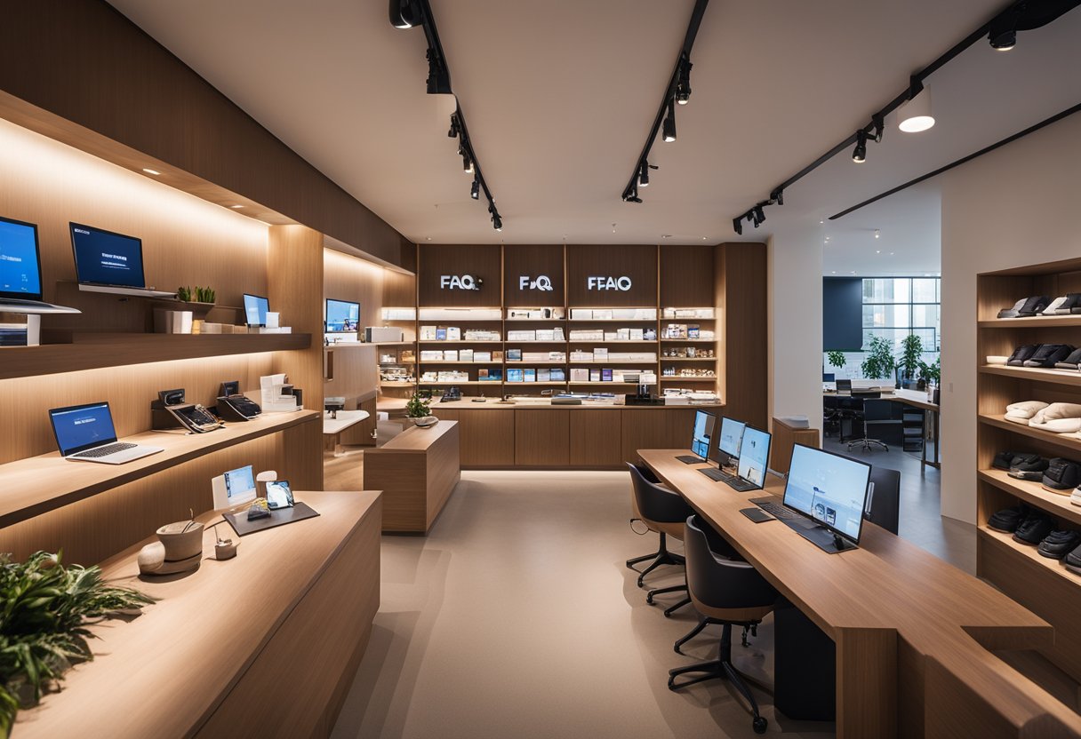 The FAQ shop interior features modern furnishings, soft lighting, and a clean, minimalist aesthetic. The space is organized with neatly displayed products and a welcoming customer service desk