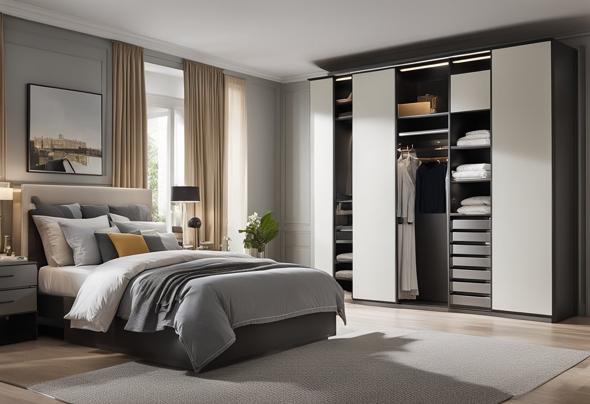 A spacious bedroom with a sleek, built-in wardrobe seamlessly integrated into the layout, maximizing space and style