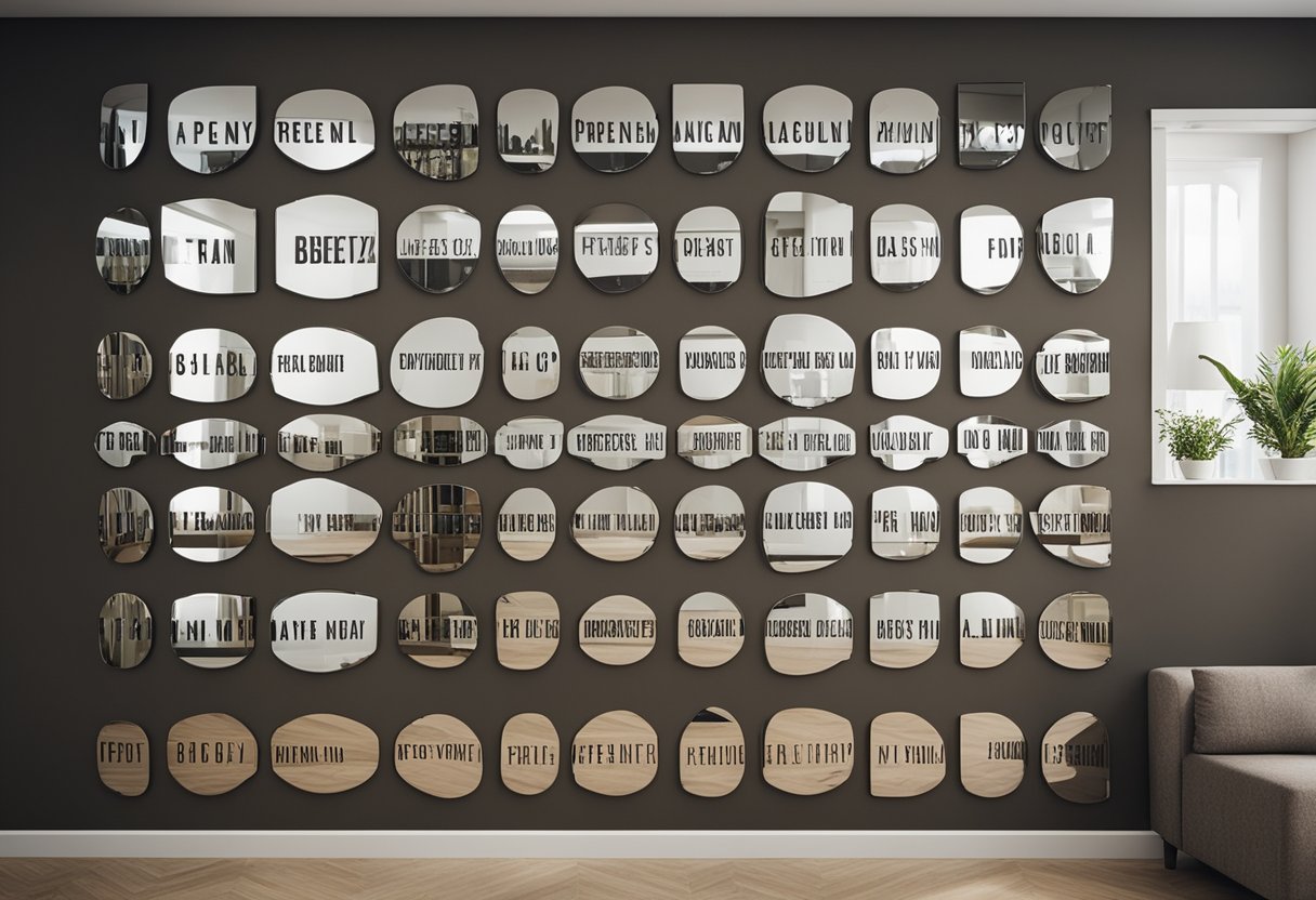 A bedroom wall with various mirror designs, each labeled with "Frequently Asked Questions" in elegant typography