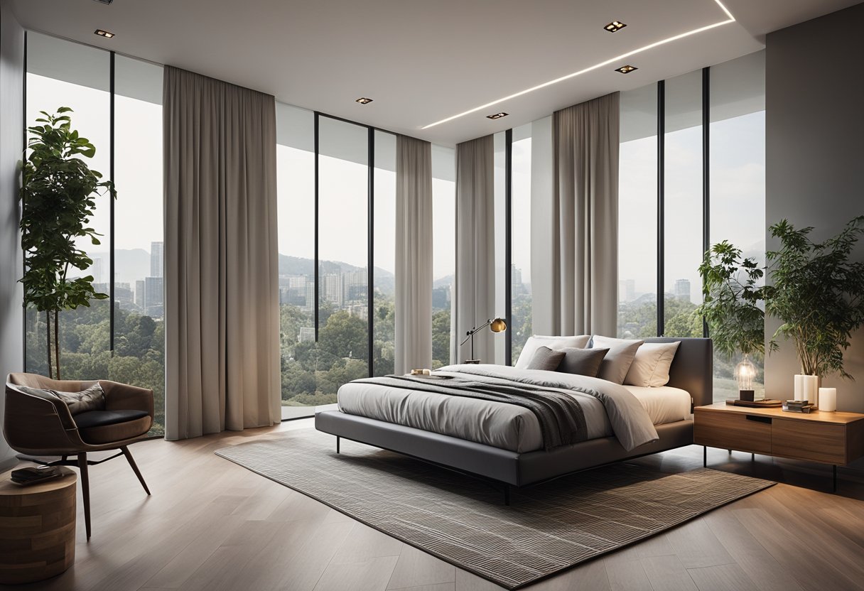 A modern bedroom with sleek furniture, a platform bed, and a geometric rug. A floor-to-ceiling window lets in natural light, highlighting the minimalist design