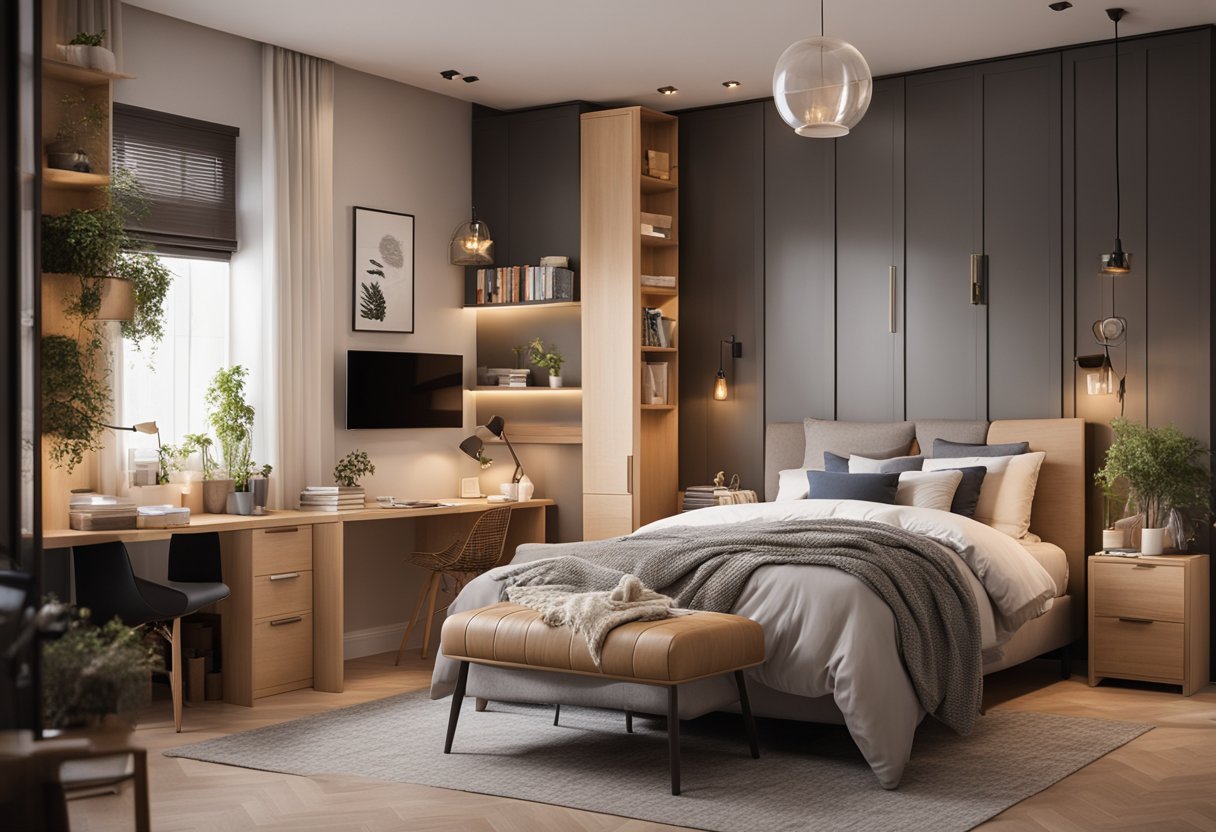 A cozy, clutter-free small bedroom with clever storage solutions and space-saving furniture. Warm lighting and neutral colors create a welcoming atmosphere