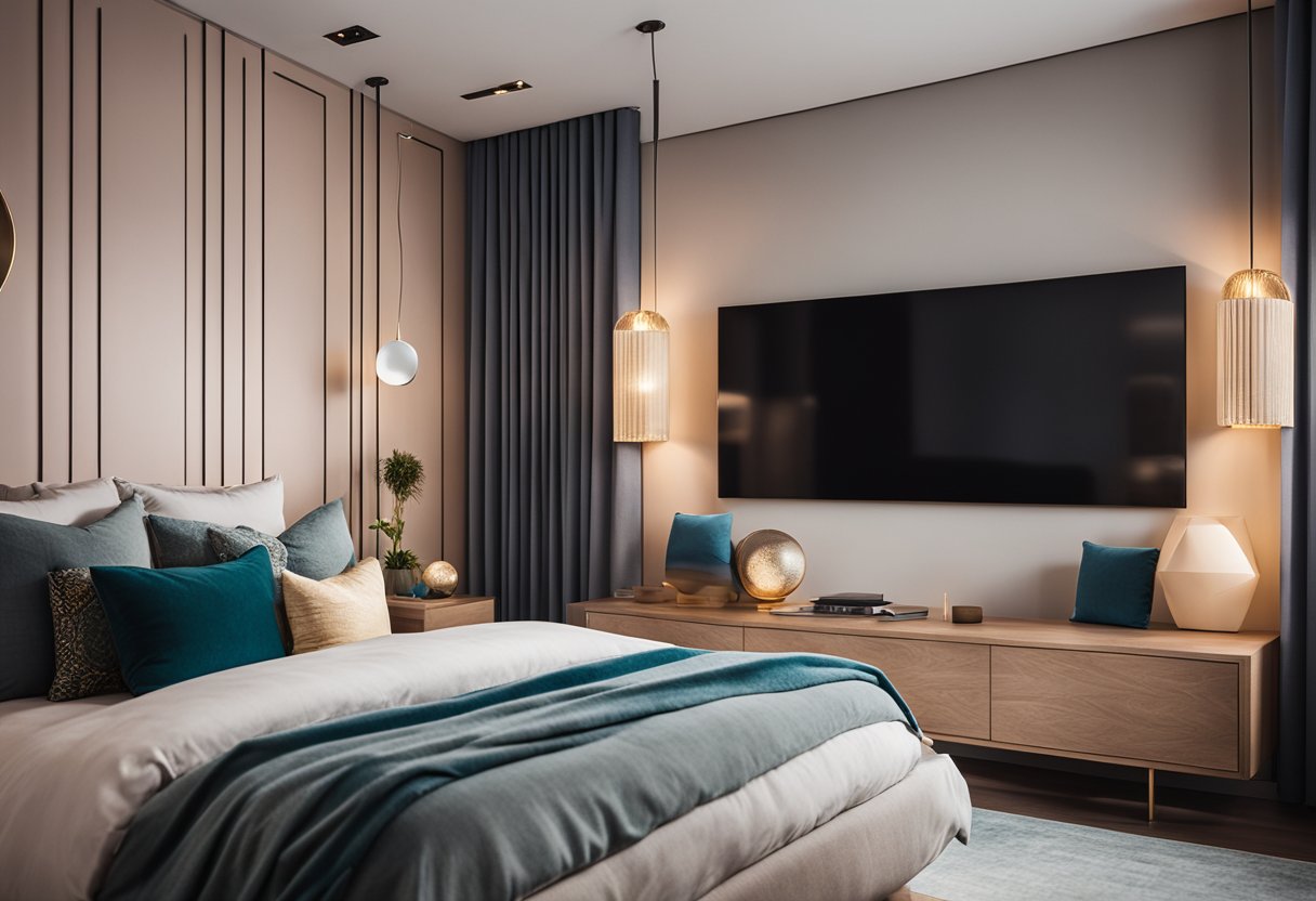 A modern bedroom with sleek furniture, geometric patterns, and vibrant colors. A wall-mounted TV, a cozy reading nook, and a statement light fixture complete the trendy design