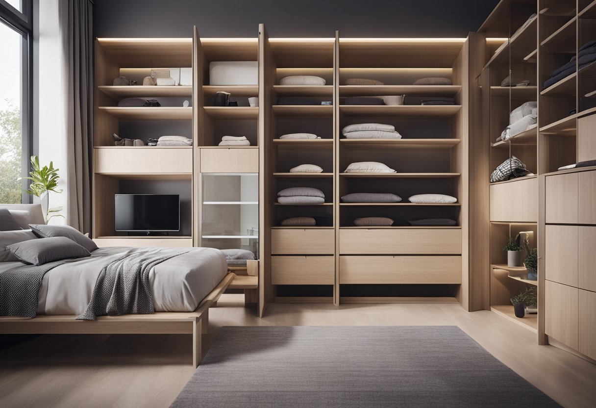 A bedroom with organized shelves and drawers, showcasing various wardrobe design ideas for easy access and storage