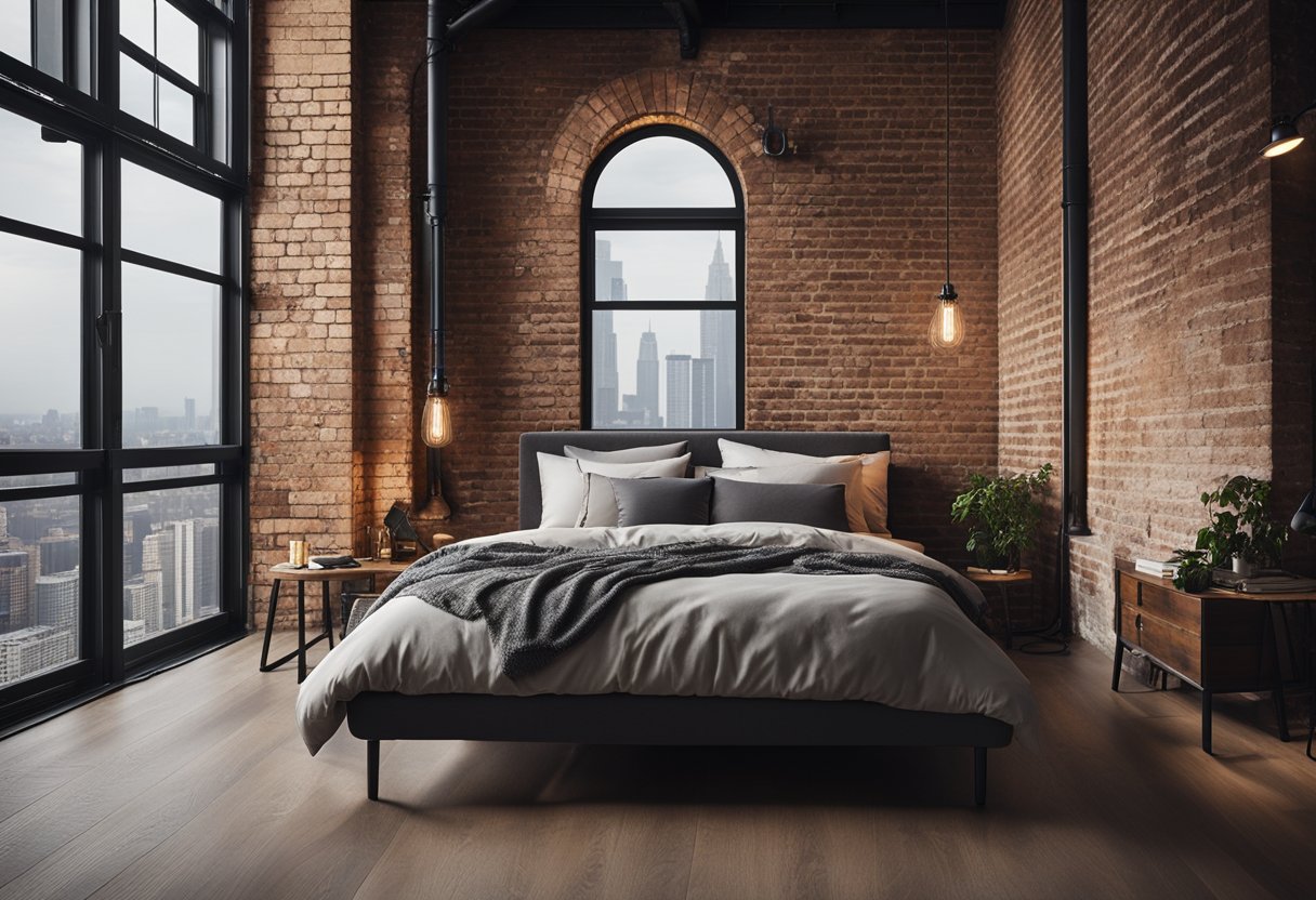 A spacious loft bedroom with exposed brick walls, a cozy platform bed, and industrial-style lighting. A large window offers a view of the city skyline, while a mix of modern and vintage furniture creates a stylish and inviting atmosphere