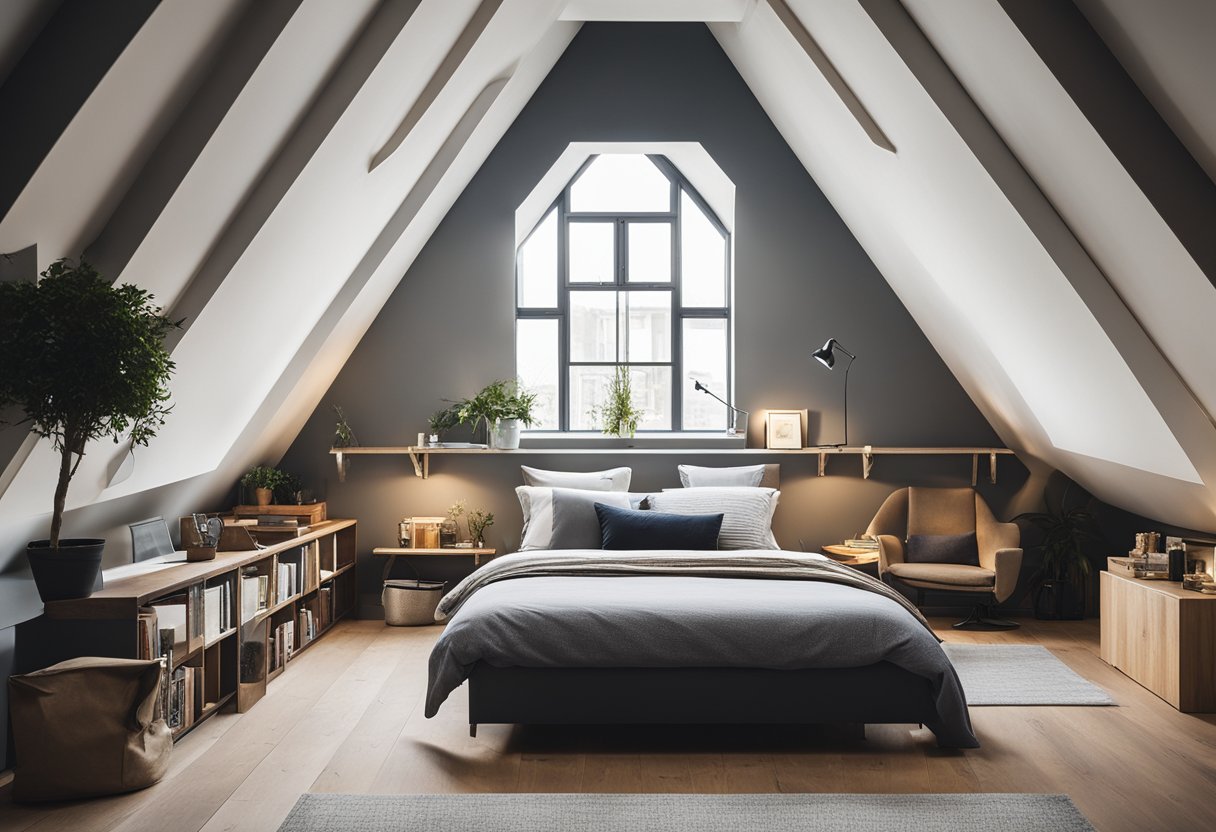 A loft bedroom with built-in storage under sloped ceilings, maximizing space with clever design ideas