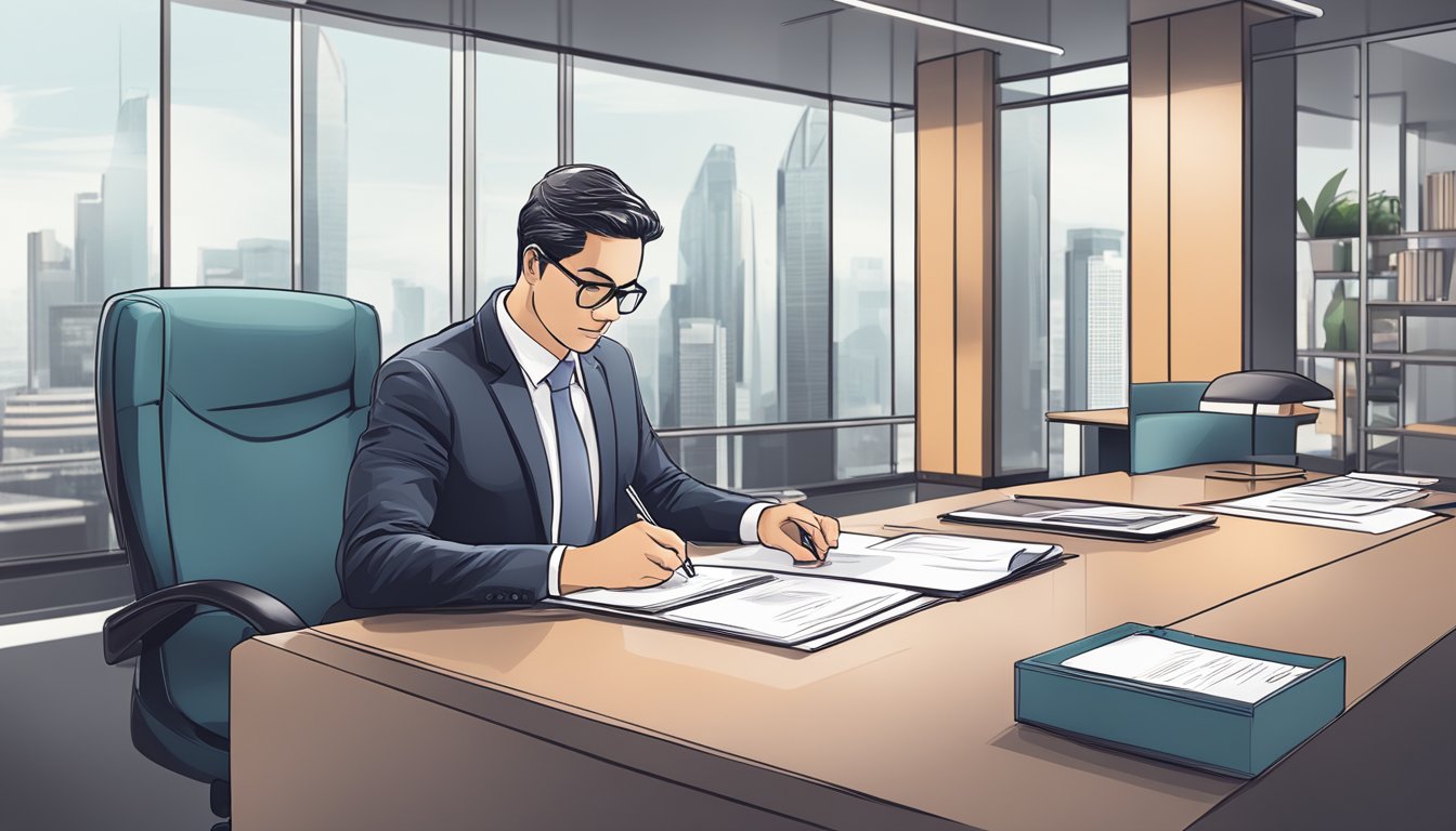 A businessman signing paperwork for an OCBC new business loan at a sleek, modern office desk