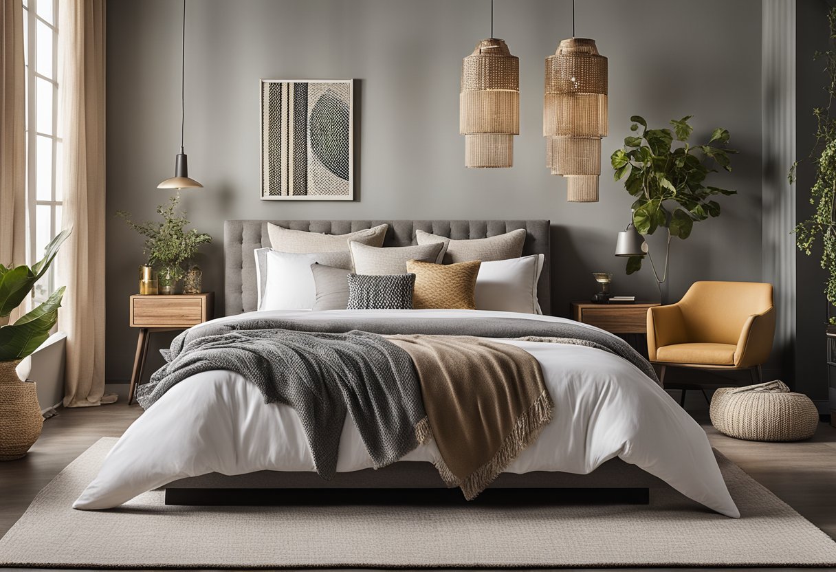 A modern loft bedroom with cohesive decor and color scheme, featuring a neutral palette with pops of color, natural textures, and layered textiles