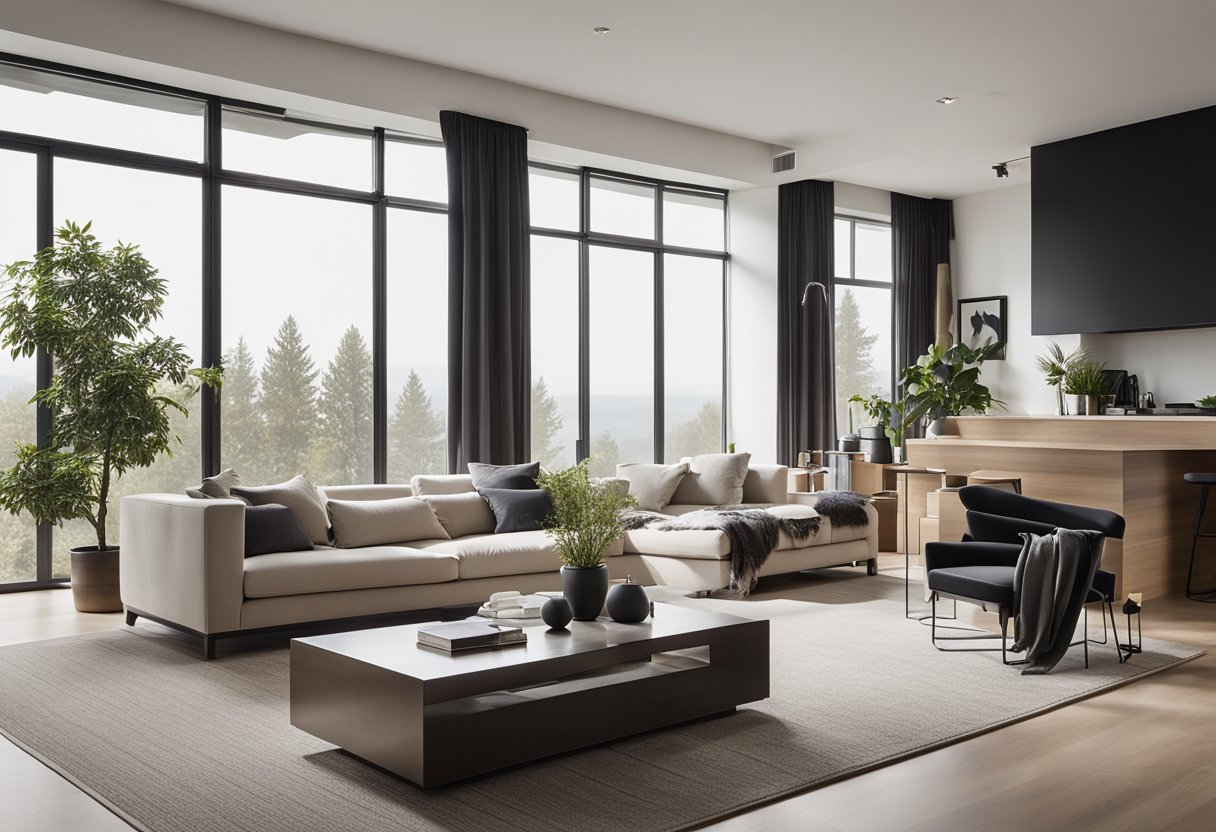 A modern living room with sleek furniture, clean lines, and a neutral color palette. Large windows let in natural light, and there are minimal decorations to create a sense of spaciousness