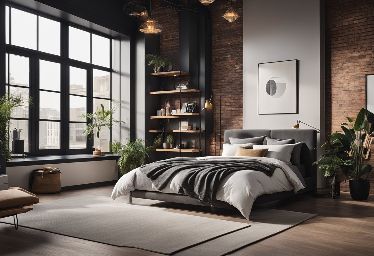 A modern loft bedroom with industrial decor, featuring a cozy reading nook, sleek minimalist furniture, and a statement wall with a bold geometric pattern