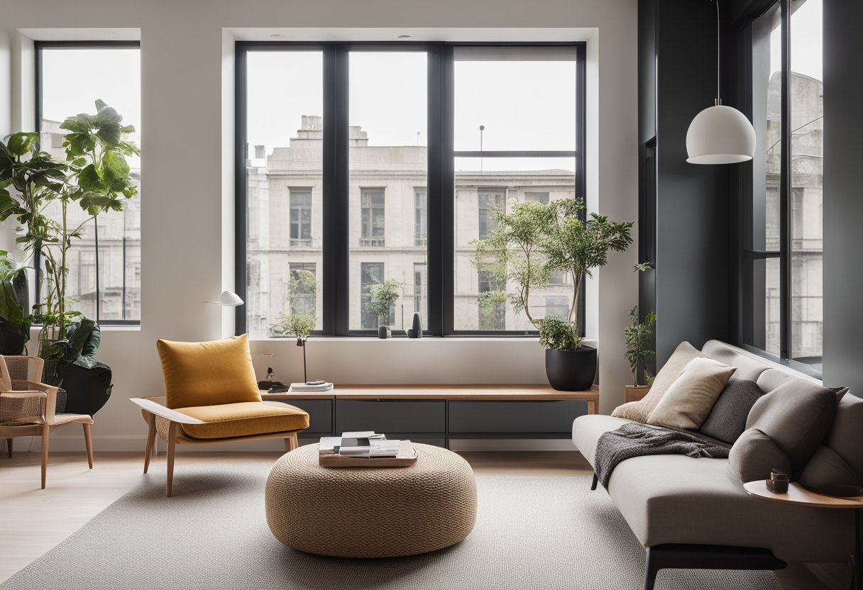 A modern, minimalist 4-room interior with neutral tones, sleek furniture, and pops of color. Large windows let in natural light, and a cozy reading nook is nestled in the corner