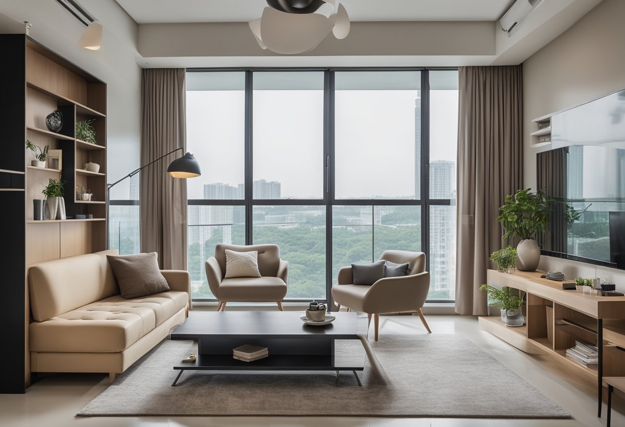 A modern 4-room flat in Punggol, featuring sleek furniture, a minimalist color palette, and large windows allowing natural light to fill the space