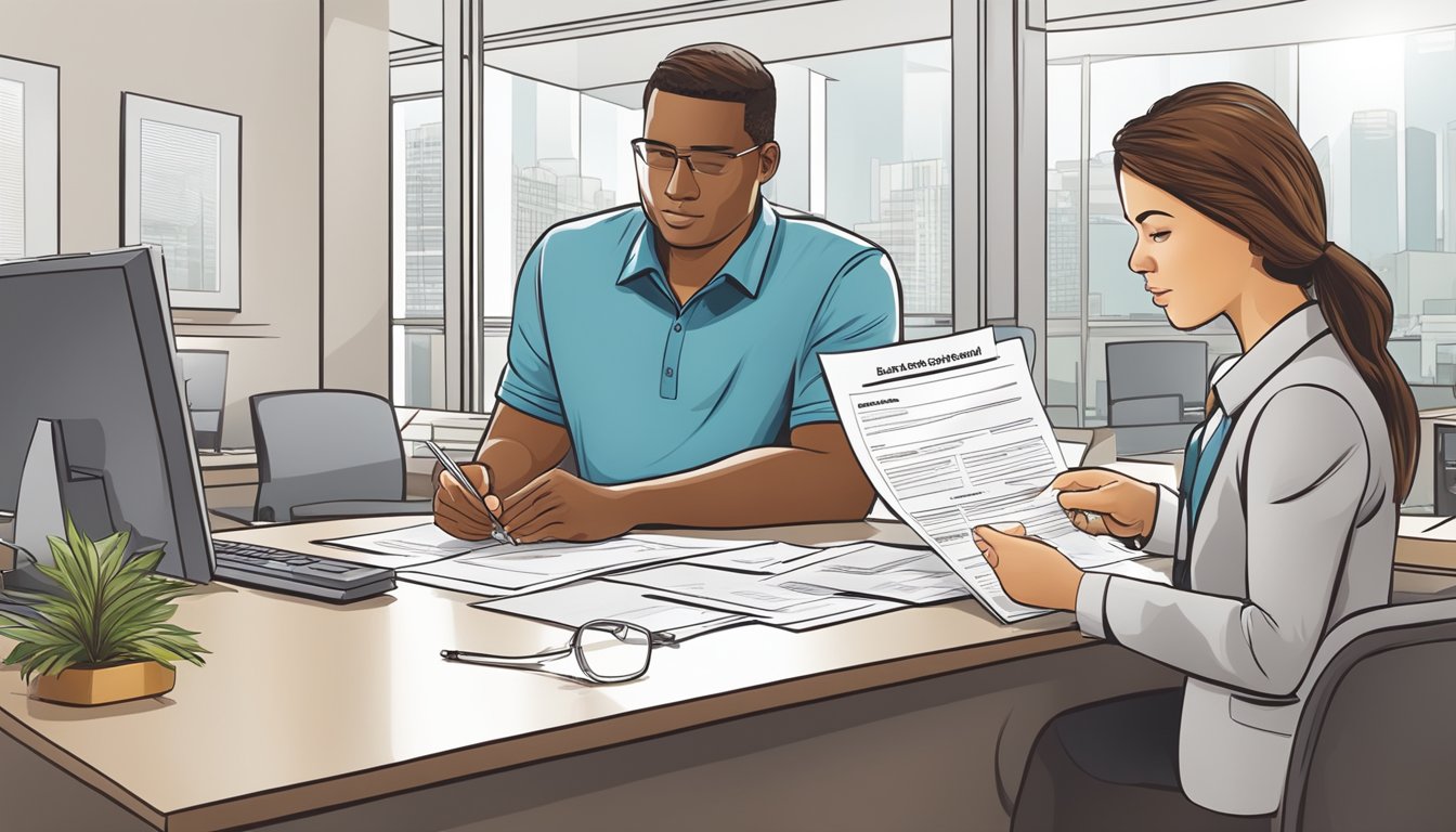 A business owner fills out a loan application form while a bank representative explains eligibility criteria. The office setting is professional and modern