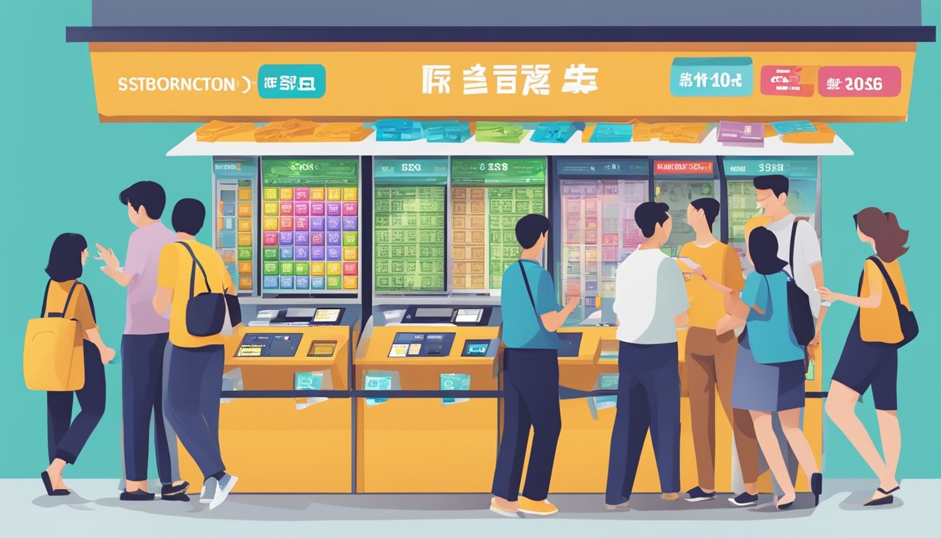 A bustling money changer kiosk in JCube, Singapore, with colorful currency displays and customers exchanging money