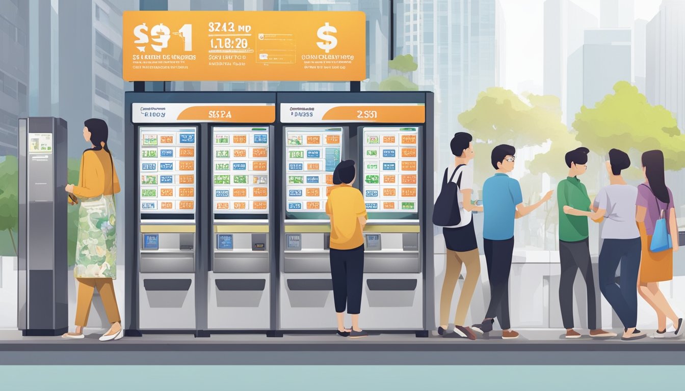 A bustling money changer stall at JCube Singapore displays competitive rates on a digital board, with customers lining up to exchange currency
