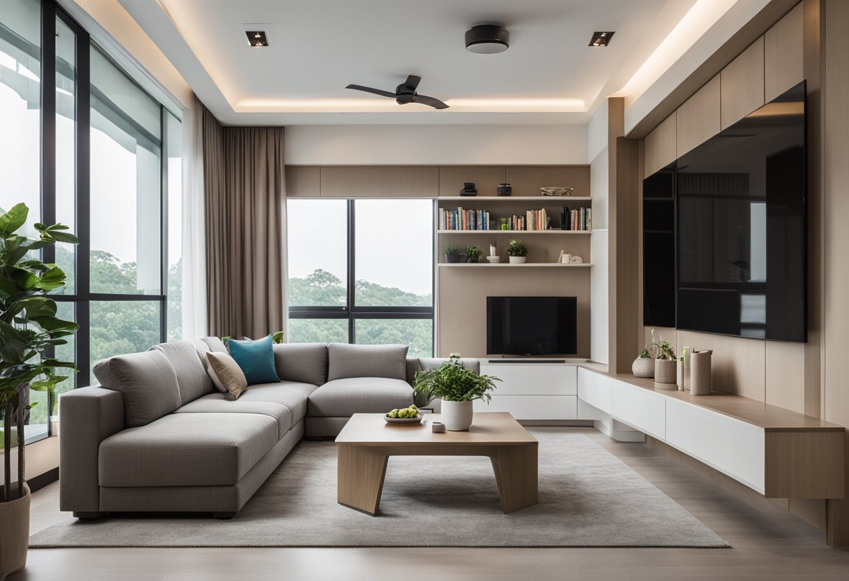 The Punggol 4 room interior design features a spacious living area with modern furniture, a minimalist color scheme, and ample natural light from large windows