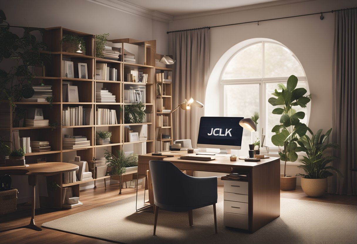 A cozy bedroom with a large desk, comfortable chair, bookshelves, and soft lighting. A laptop and notebooks are neatly arranged on the desk, creating a calm and organized study space
