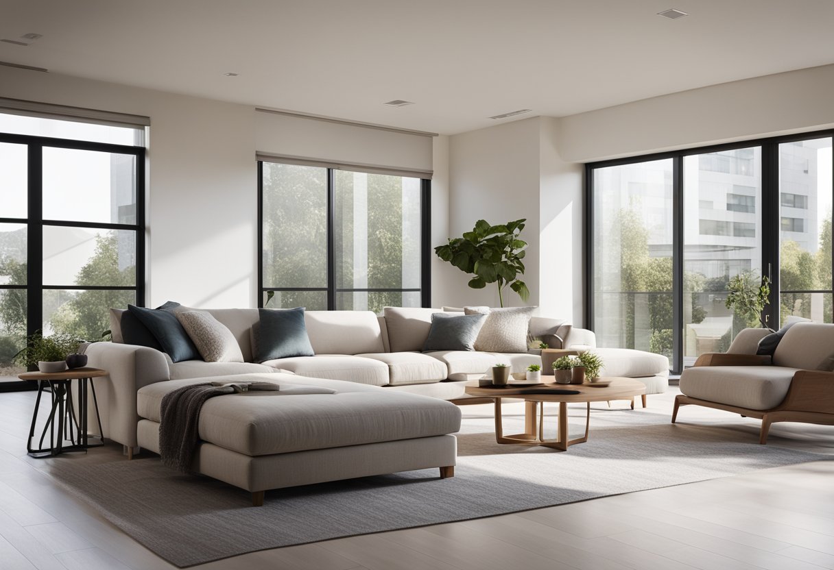 A modern living room with clean lines, neutral colors, and minimalistic furniture. Large windows bring in natural light, creating a spacious and airy atmosphere