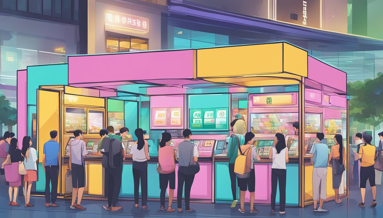 A bustling money changer booth at JCube Singapore, with colorful currency displayed and customers exchanging money