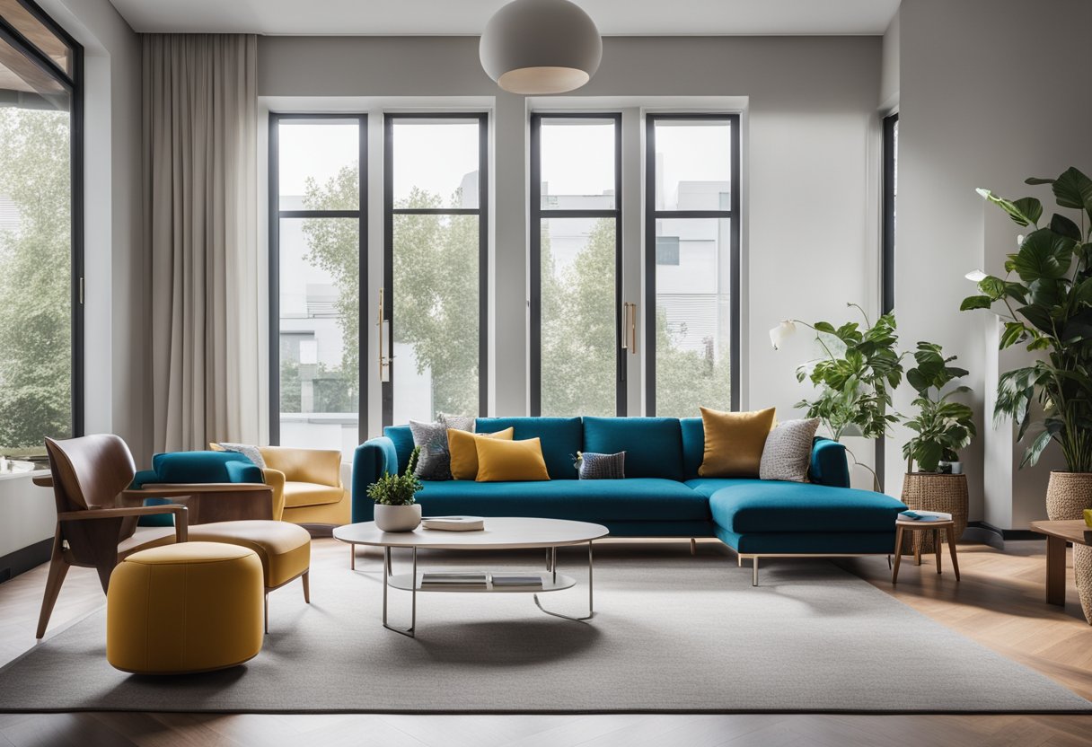 A modern living room with sleek furniture and a pop of color. Clean lines and minimalistic decor create a spacious and inviting atmosphere