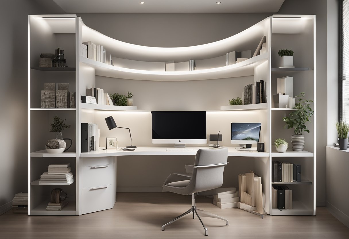 A modern, minimalist space with clean lines and a neutral color palette. A large, sleek desk with a computer and organized shelves displaying design books and samples. A comfortable seating area for client consultations