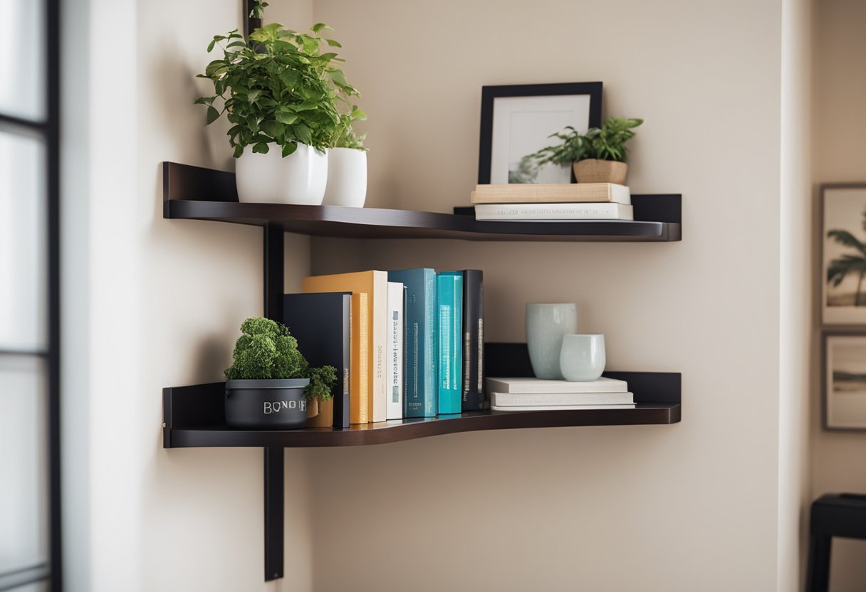 A corner shelf unit is mounted on the wall above a bed, maximizing bedroom space. The shelves are filled with books, plants, and decorative items