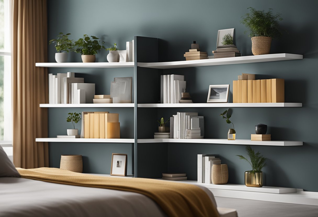 A sleek, modern corner shelf in a bedroom, with clean lines and practical storage for books and decor