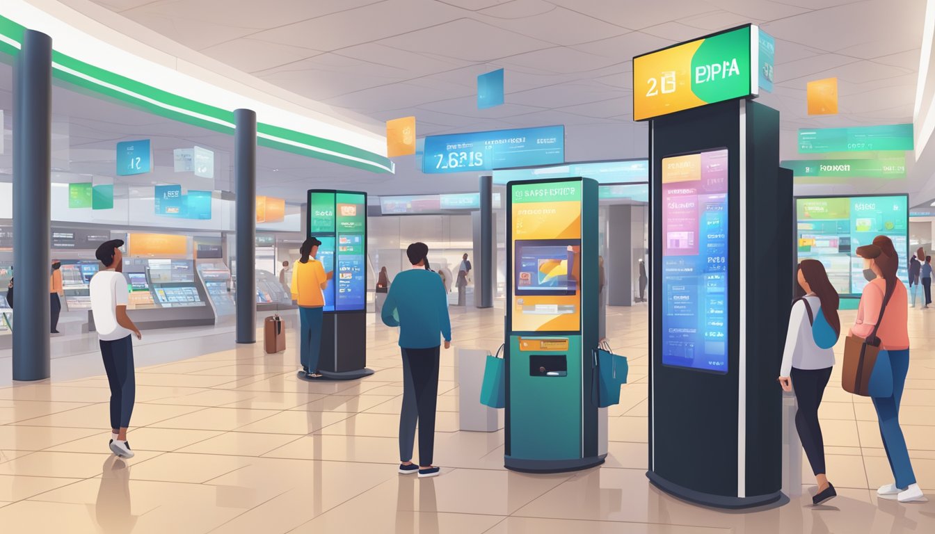 A digital kiosk stands in a bustling mall, displaying currency exchange rates. Customers interact with the screen, bypassing traditional money changers