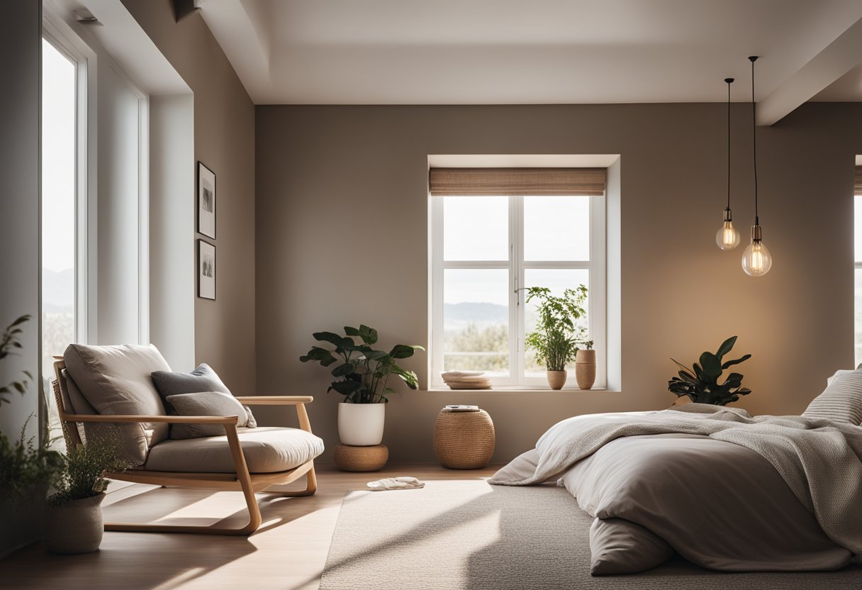 A serene bedroom with minimalistic furniture, soft earthy tones, and natural light streaming in from large windows. A cozy reading nook with a plush armchair and a small meditation space with a low table and floor cushions