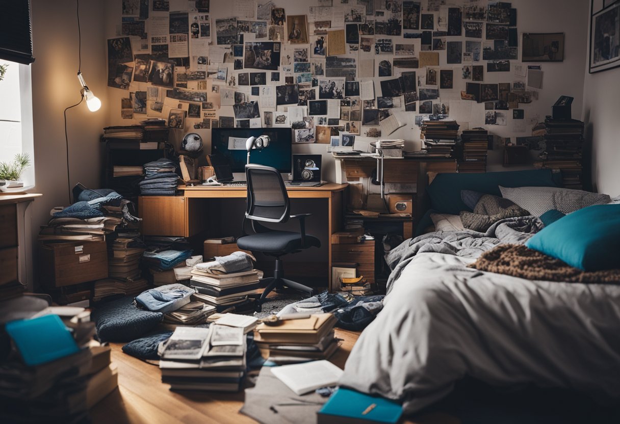 A cluttered teenager's bedroom with a messy bed, posters on the wall, a desk covered in books and a laptop, and a pile of clothes on the floor