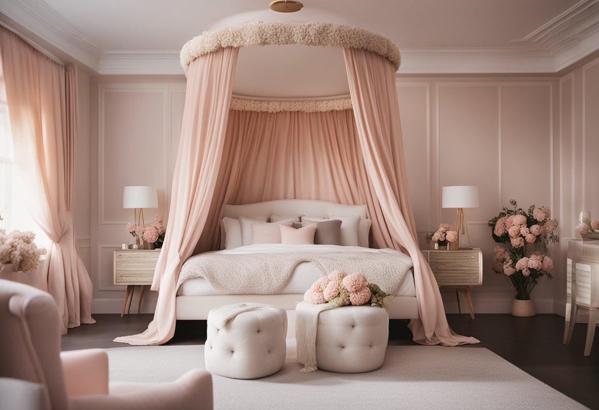 A cozy bedroom with pastel colors, floral patterns, and soft textures. A canopy bed, plush pillows, and delicate decor create a feminine atmosphere