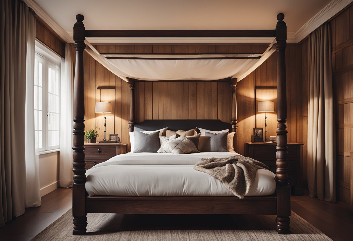 A cozy wooden bedroom with a four-poster bed, rustic dresser, and warm lighting. Hardwood floors and a large window with billowing curtains