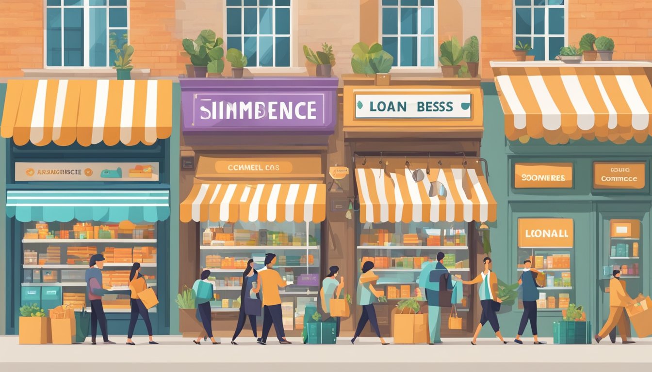 A bustling online marketplace, with various businesses selling products. A banner advertising "Ecommerce Business Loans" is prominently displayed