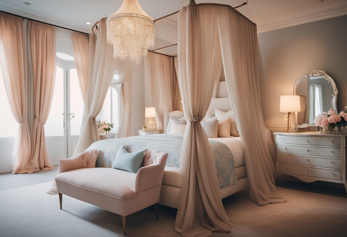 A cozy bedroom with soft pastel colors, floral patterns, and elegant furniture. A canopy bed with flowing curtains, a vanity table with a mirror, and delicate decor create a feminine sanctuary