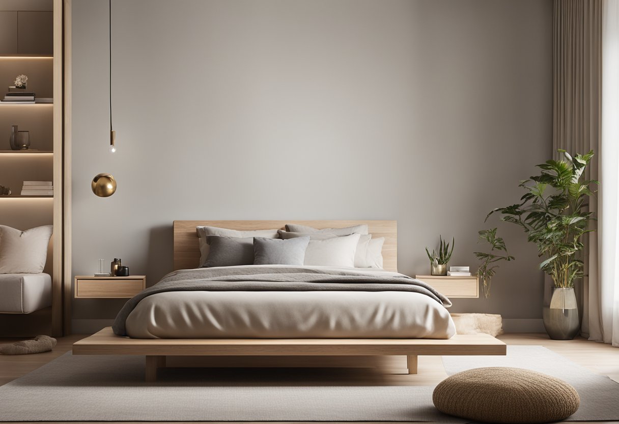 A serene bedroom with minimal furniture, neutral colors, and natural materials. A low platform bed with clean lines and a simple, uncluttered layout
