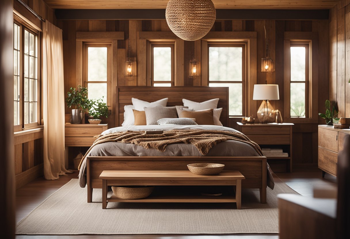 A cozy wooden bedroom with a large, rustic bed, matching nightstands, and a warm, earthy color scheme. Natural light streams in through the windows, casting a soft glow over the room