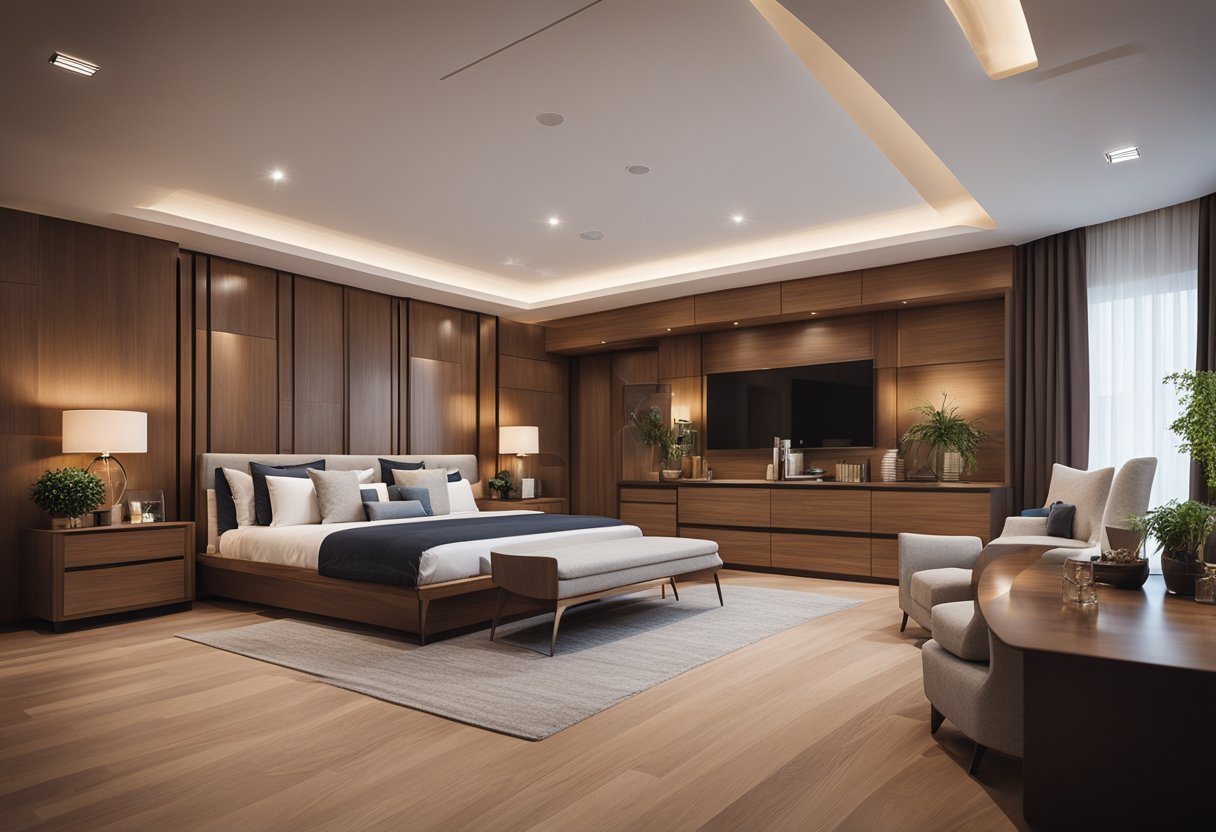 The master bedroom suite showcases a warm wooden interior design
