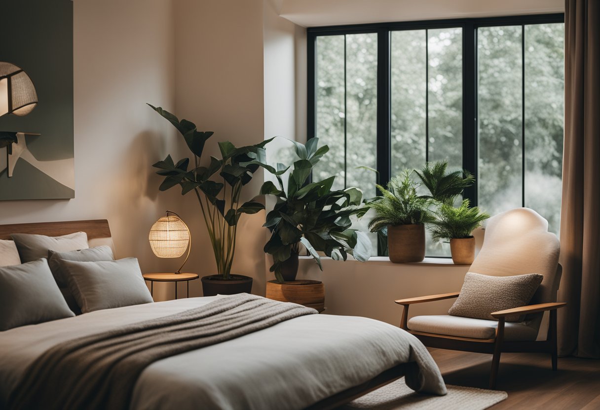 A serene bedroom with minimal furniture, soft lighting, and natural elements like plants and wood decor. A cozy reading nook and calming color palette complete the tranquil zen sanctuary