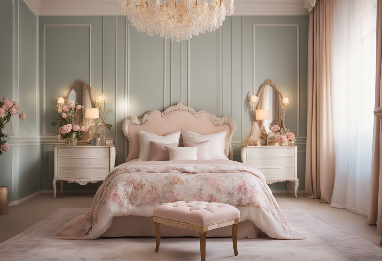 A cozy bedroom with floral prints, soft pastel colors, and delicate lace curtains. A vanity table with a mirror and a chandelier add to the feminine touch