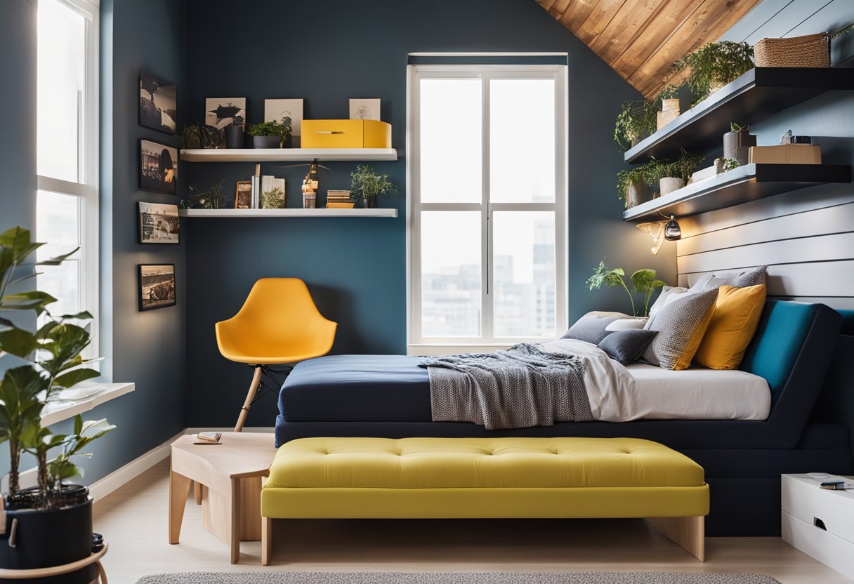 A loft bed with a built-in desk and storage underneath. Wall-mounted shelves and a fold-out futon for seating. Bright colors and modern decor