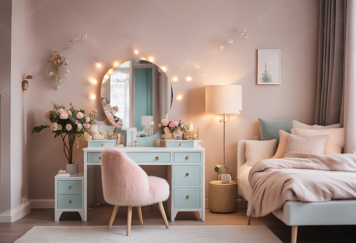A cozy bedroom with soft pastel colors, floral patterns, and elegant decor. A vanity table with a mirror, a plush armchair, and a bookshelf with fairy lights