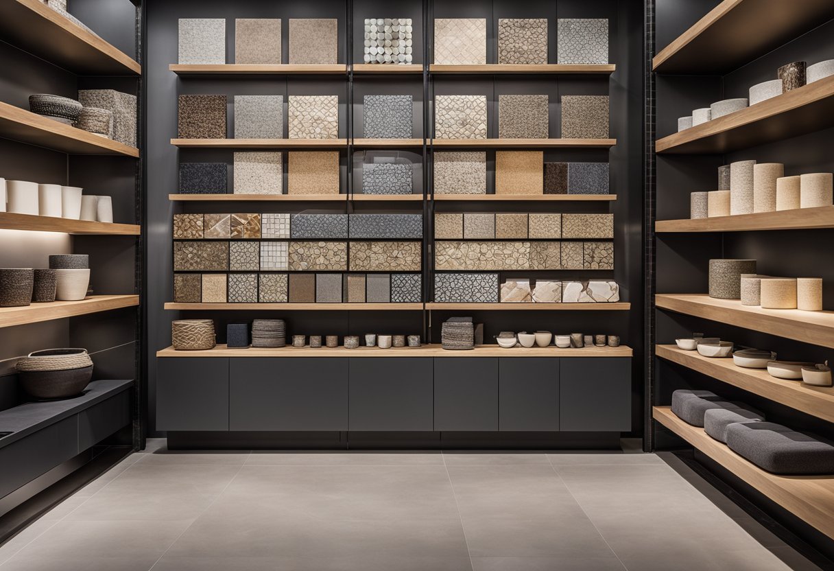 A room with various tile samples displayed on shelves and tables. Different materials and finishes are showcased, including ceramic, porcelain, and natural stone