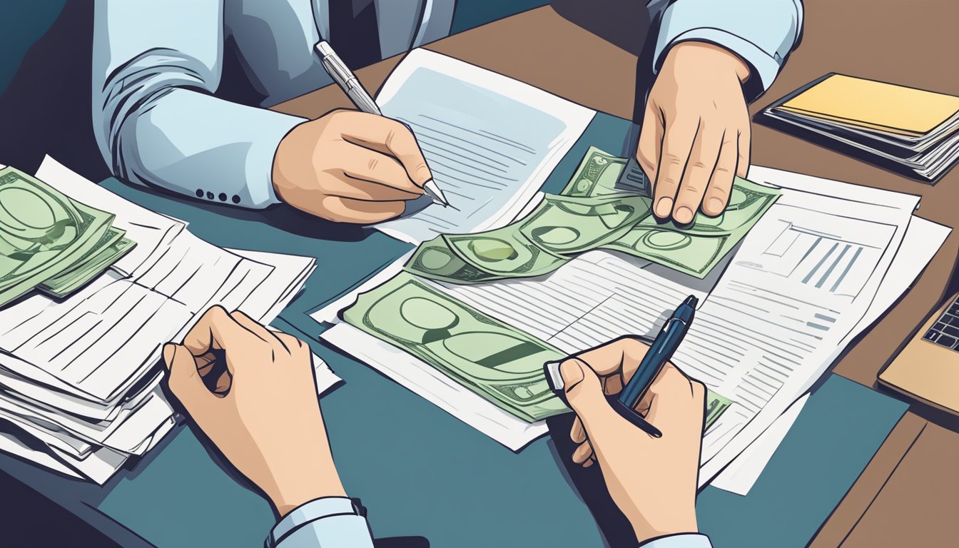 A person signing a loan agreement at a bank, with a stack of money and a business plan on the table