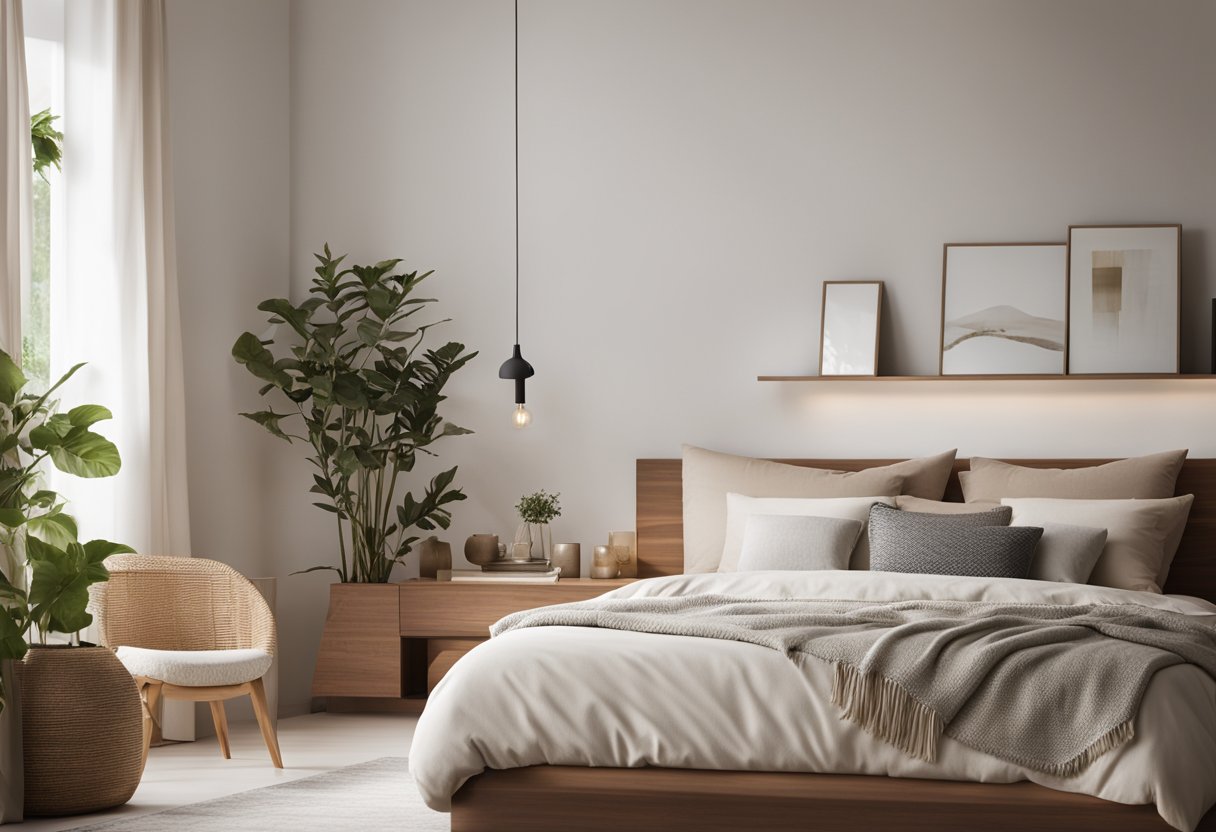 A serene bedroom with minimalistic decor, soft lighting, and natural materials. A large, low platform bed sits in the center, surrounded by simple, clean lines and calming colors
