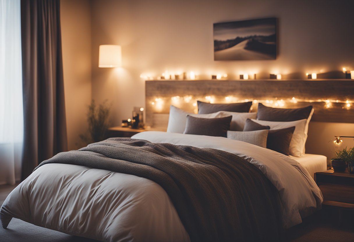 A warm, dimly lit bedroom with plush bedding, soft lighting, and a crackling fireplace, creating a cozy and inviting atmosphere
